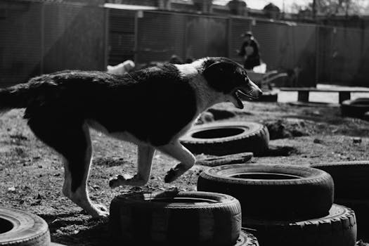 dog navigating through a homemade agility course