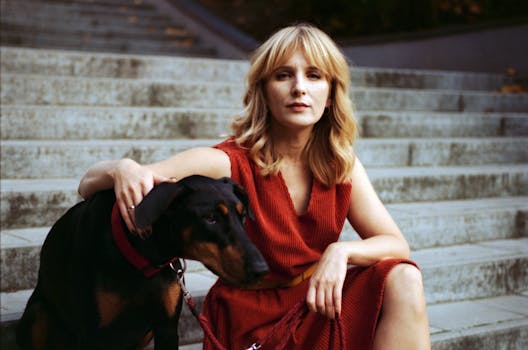 A confident dog climbing stairs with its owner